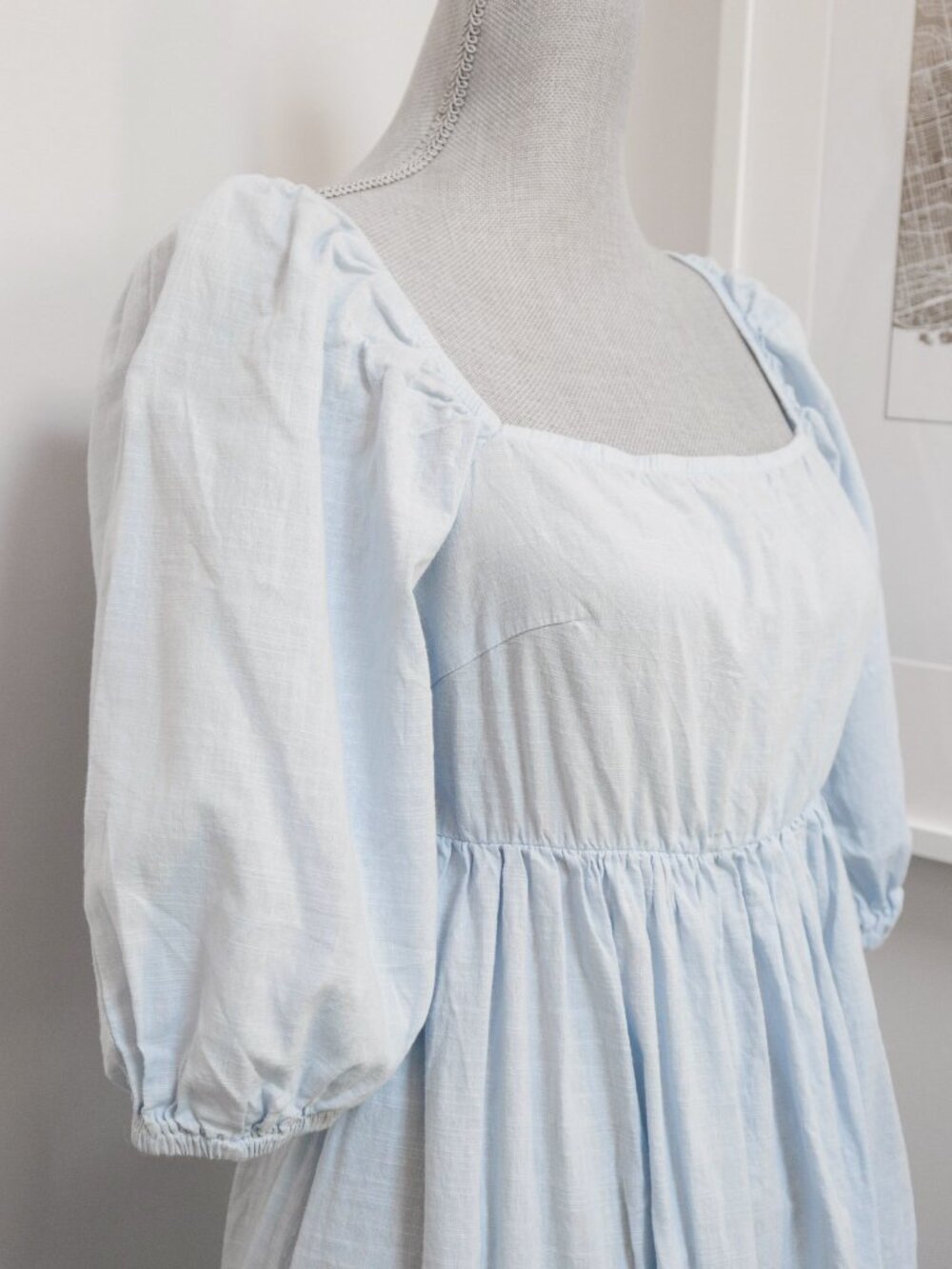 SHEIN Blue Cotton Peasant Style Babydoll Dress w/ Open Bowtie Back & Puff Sleeve - Picture 4 of 9